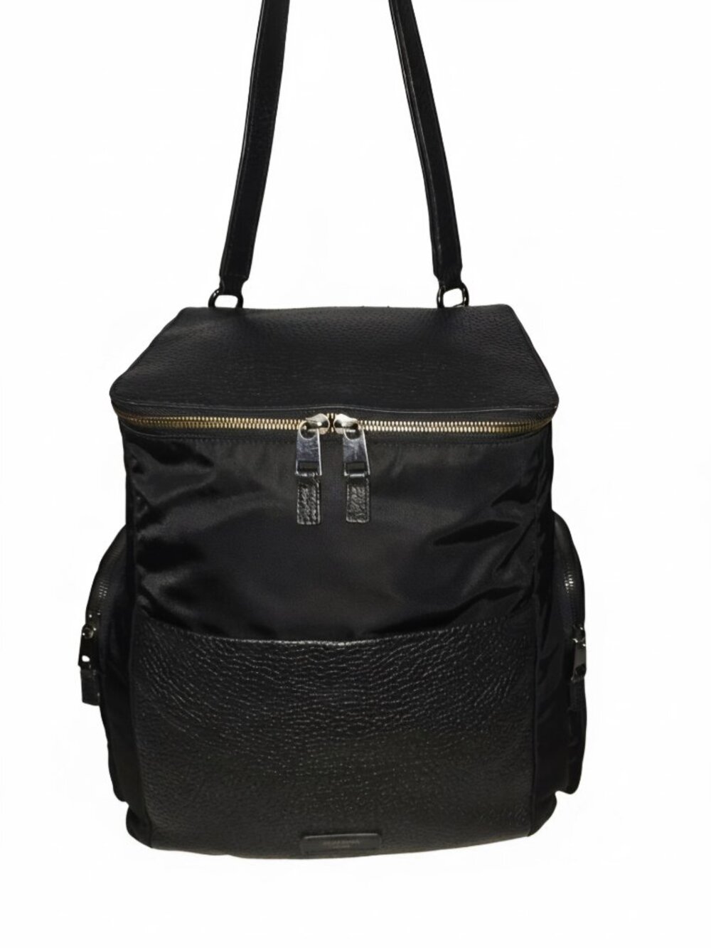 Storksak Alyssa Black Pebble Grain Leather & Nylon Diaper Bag Backpack With Pad
